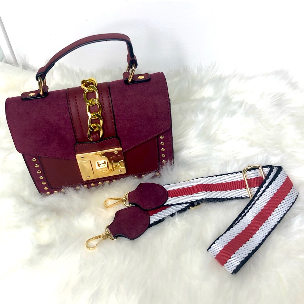 Burgundy suede crossbody removable strap satchel